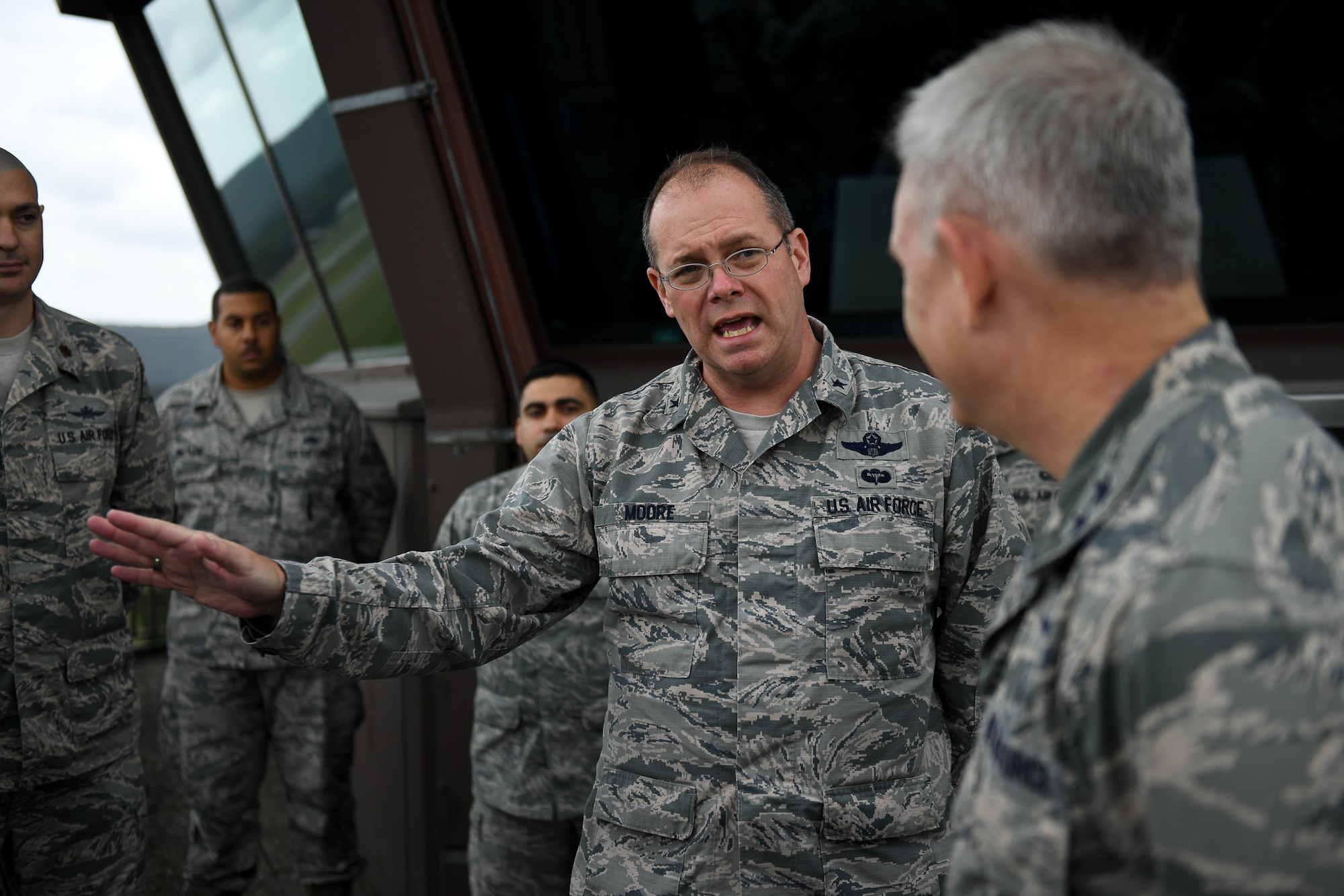 U.S. Air Force Brig. Gen. Richard G. Moore Jr., 86th Airlift Wing commander, speaks with Maj. Gen. Timothy G. Fay, United States Air Forces in Europe and Air Forces Africa deputy commander, during an 86th AW immersion tour at the air traffic control tower on Ramstein Air Base, Germany, Sept. 7, 2017.