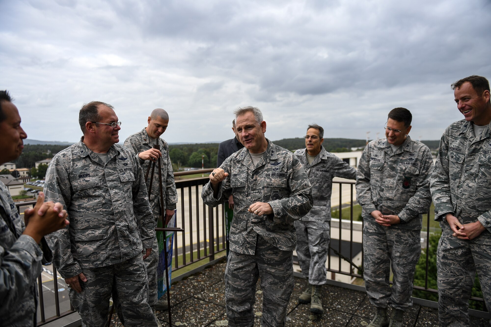 U.S. Air Force Maj. Gen. Timothy G. Fay, United States Air Forces in Europe and Air Forces Africa Deputy Commander, speaks with 86th Airlift Wing Commander Brig. Gen. Richard G. Moore, Jr. and several other commanders during an 86th AW immersion tour at the air traffic control tower on Ramstein Air Base, Germany, Sept. 7, 2017.