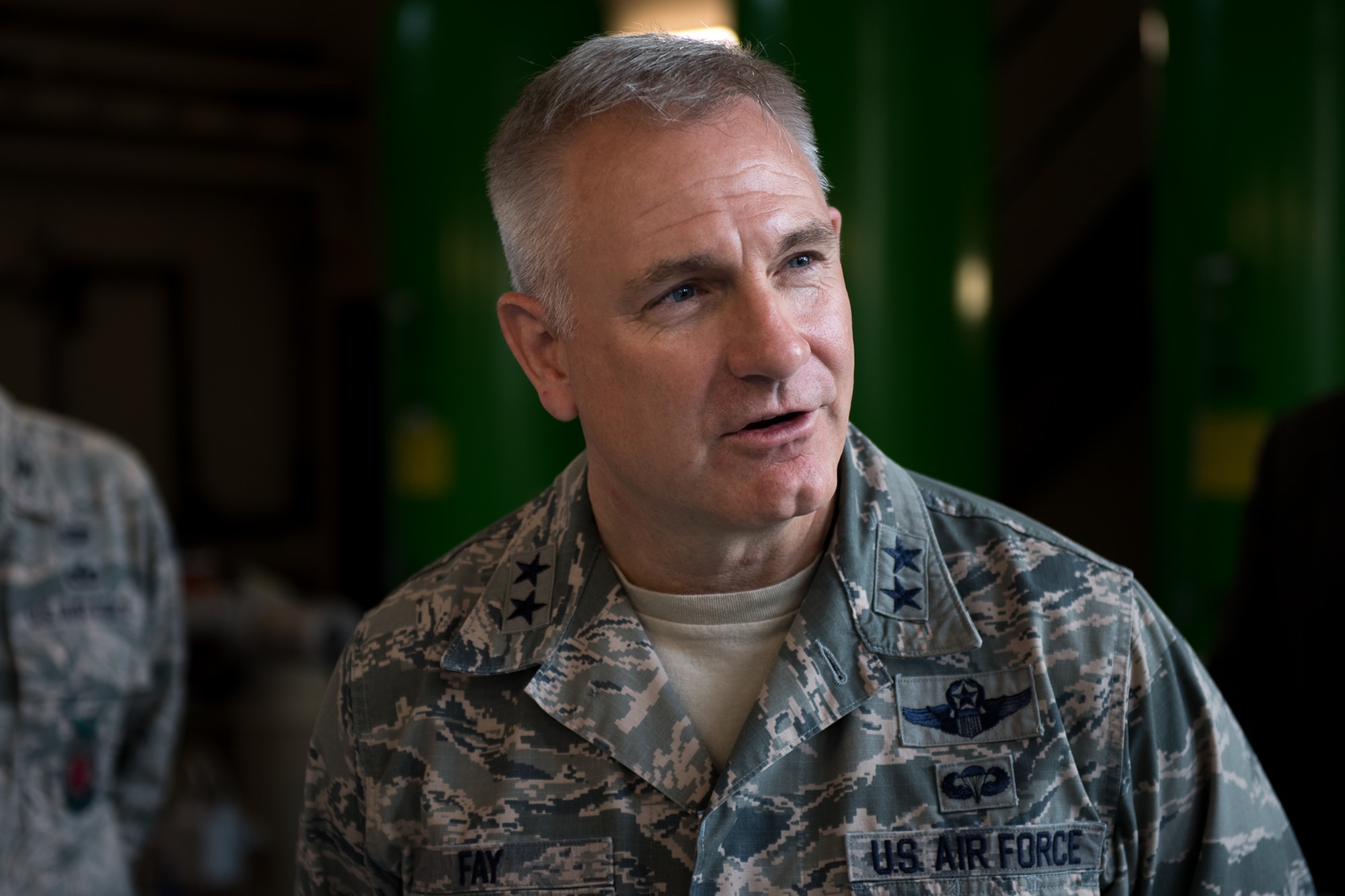U.S. Air Force Maj. Gen. Timothy G. Fay, United States Air Forces in Europe and Air Forces Africa deputy commander, speaks to Airmen at the 786th Civil Engineer Squadron water plant during an 86th Airlift Wing immersion tour on Ramstein Air Base, Germany, Sept. 7, 2017.