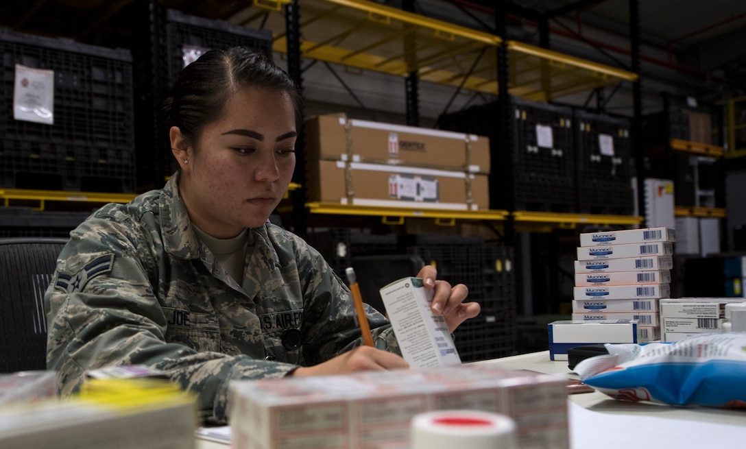 U.S. Air Force Airman 1st Class Mary Joe, 86th Medical Support Squadron medical logistician, takes inventory of medication stored in one of three warehouses on Ramstein Air Base, Germany, Sept. 7, 2017. The 86th MDSS war reserve material service over $30 million worth of supplies and equipment that goes to deployed locations such as Iraq, Iran, and Afghanistan. (U.S. Air Force photo by Senior Airman Tryphena Mayhugh)