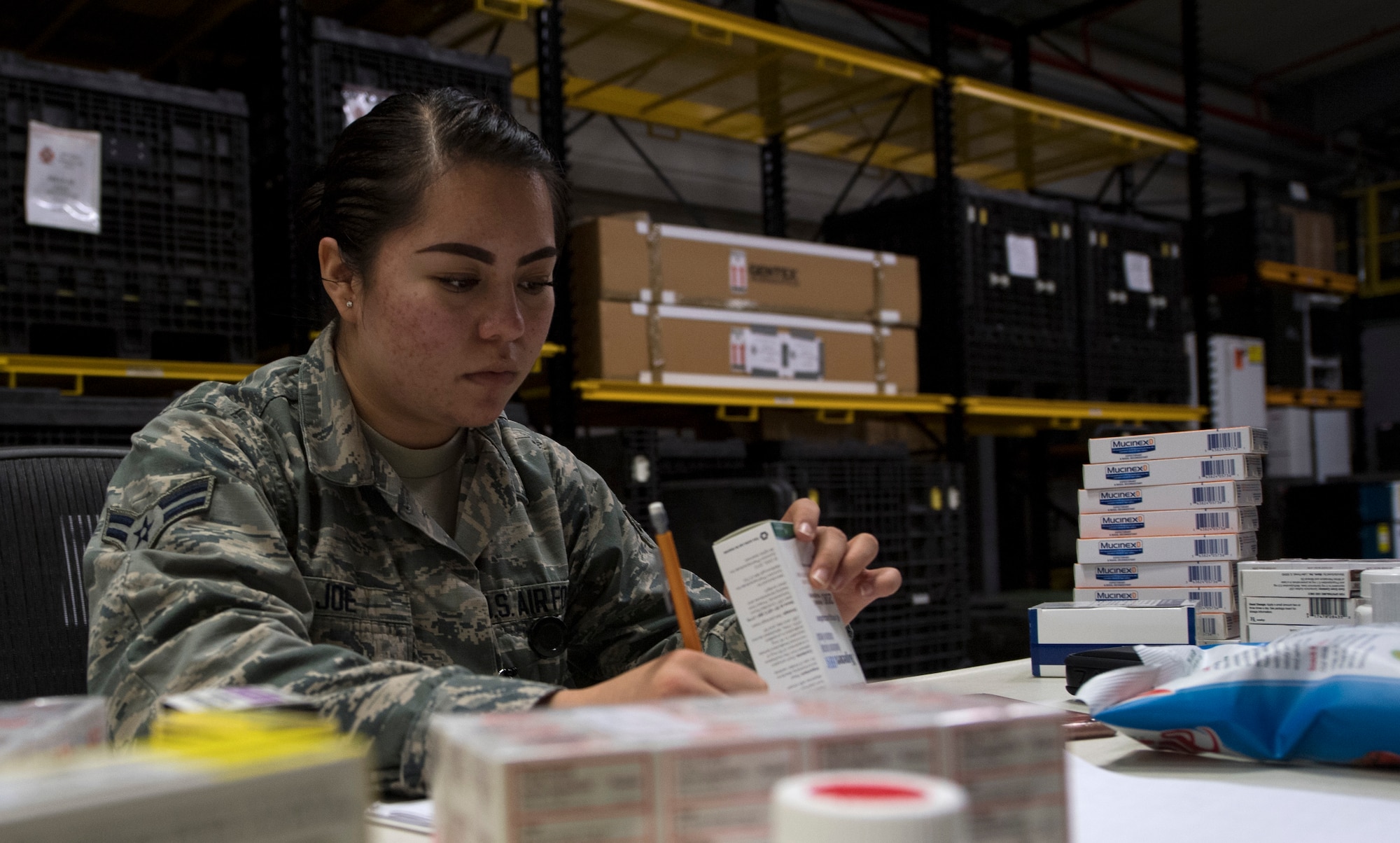 U.S. Air Force Airman 1st Class Mary Joe, 86th Medical Support Squadron medical logistician, takes inventory of medication stored in one of three warehouses on Ramstein Air Base, Germany, Sept. 7, 2017. The 86th MDSS war reserve material service over $30 million worth of supplies and equipment that goes to deployed locations such as Iraq, Iran, and Afghanistan. (U.S. Air Force photo by Senior Airman Tryphena Mayhugh)