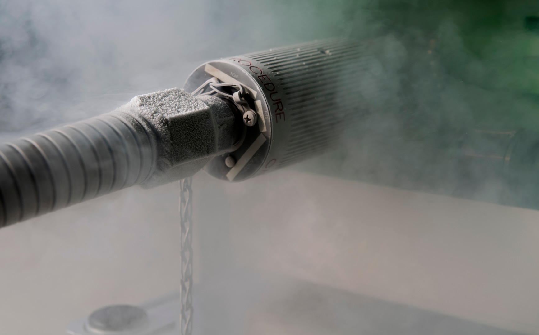 Ice forms around the hose of an oxygen generator and liquefier as it pumps liquid oxygen into a next-generation portable therapeutic liquid oxygen system on Ramstein Air Base, Germany, Sept. 7, 2017. The OGL is used to fill medical equipment with liquid oxygen and was recently purchased by the 86th Medical Support Squadron, along with a nitrogen generator, to cut their turnaround time for filling the equipment from three weeks to two or three days and to save the Air Force approximately $7,000 a month. (U.S. Air Force photo by Senior Airman Tryphena Mayhugh)