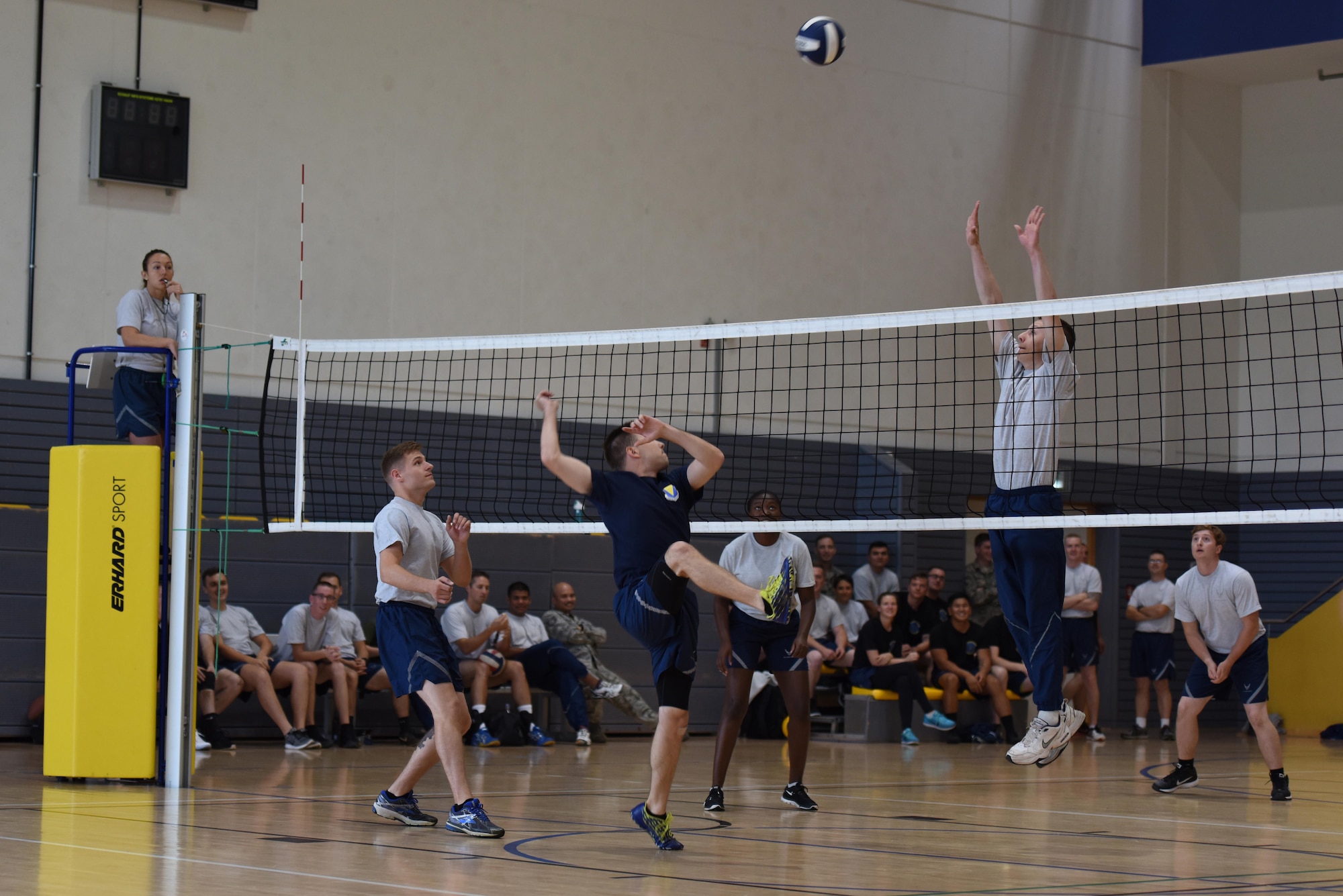 U.S. Airmen assigned to the 86th Airlift Wing compete in a volleyball game during the Commander’s Cup on Ramstein Air Base, Germany, Sept. 6, 2017, The Commanders Cup Challenge is a wing sponsored resiliency event to get airman to get out of the office and be active. (U.S. Air Force photo by Airman 1st Class Milton Hamilton)