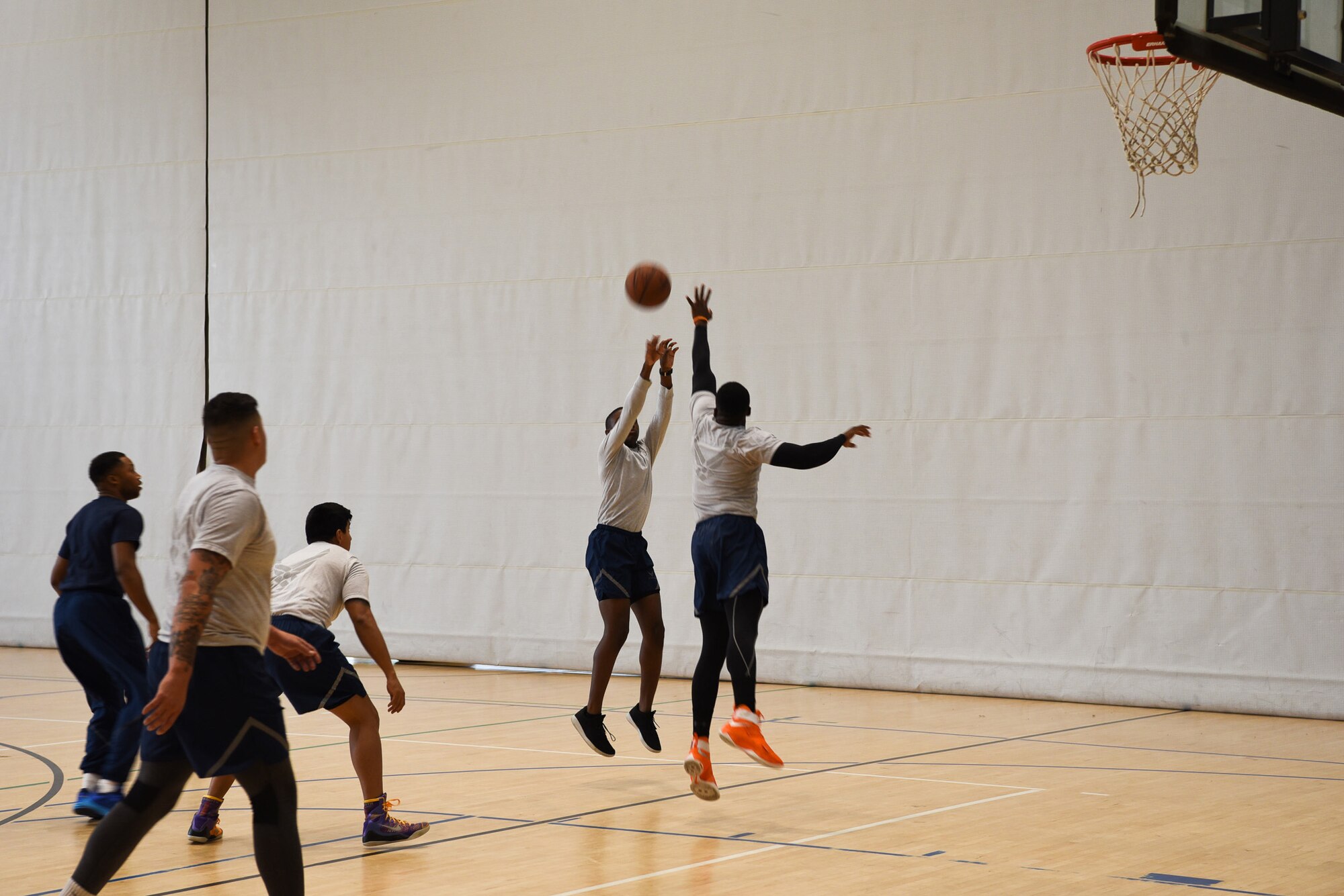 U.S. Airmen play in a basketball tournament during the Commander’s Cup on Ramstein Air Base, Germany, Sept. 6, 2017. The winners of the tournament were awarded a trophy at the end of the day. (U.S. Air Force photo by Airman 1st Class Milton Hamilton)