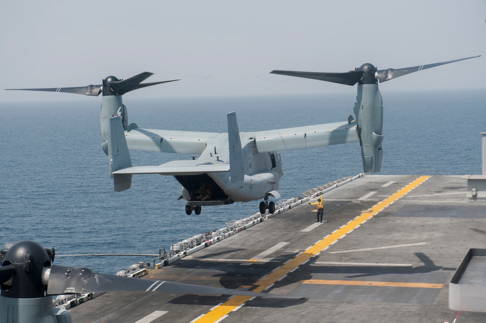 170906-N-ZS023-029 U.S. 5TH FLEET AREA OF RESPONSIBILITY (Sept. 6, 2017)An MV-22 Osprey assigned to Marine Medium Tiltrotor Squadron (VMM) 161 (Reinforced) lifts off from the flight deck of the amphibious assault ship USS America (LHA 6) in support of exercise Alligator Dagger 2017. Alligator Dagger is a dedicated, unilateral combat rehearsal led by Naval Amphibious Force, Task Force 51/5th Marine Expeditionary Brigade, in which combined Navy and Marine Corps units of the America Amphibious Ready Group and embarked 15th Marine Expeditionary Unit are to practice, rehearse and exercise integrated capabilities that are available to U.S. Central Command both afloat and ashore. (U.S. Navy photo by Mass Communication Specialist Seaman Vance Hand/Released)