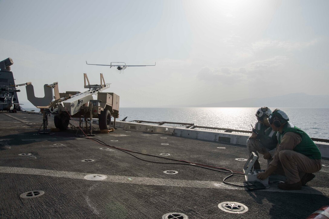 U.S. 5TH FLEET AREA OF OPERATIONS (Sept. 06, 2017) – Flight deck personnel assigned to the Marine Medium Tiltrotor Squadron 161 (reinforced) aboard the amphibious transport dock ship USS San Diego (LPD 22), launch the RQ-21A Blackjack on the ship’s flight deck during Alligator Dagger exercise. Alligator Dagger is a dedicated, unilateral combat rehearsal led by Naval Amphibious Force, Task Force 51/5th Marine Expeditionary Brigade, in which combined Navy and Marine Corps units of the America Amphibious Ready Group and embarked 15th Marine Expeditionary Unit are to practice, rehearse and exercise integrated capabilities that are available to U.S. Central Command both afloat and ashore. (U.S. Navy photo by Mass Communication Specialist 3rd Class Justin A. Schoenberger/Released)