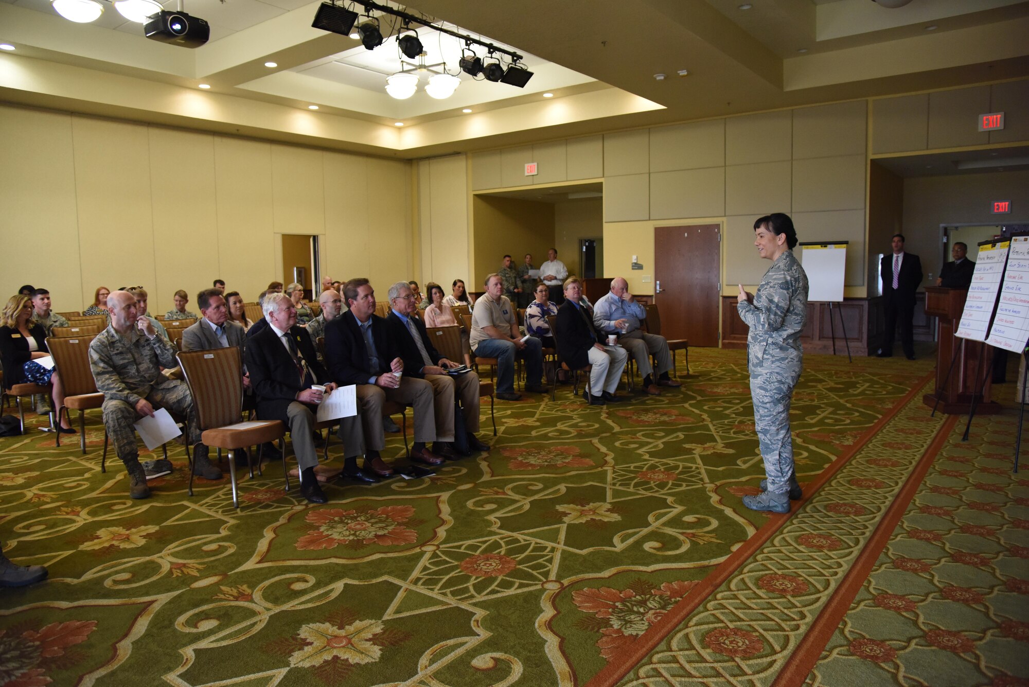 Col. Debra Lovette, 81st Training Wing commander, delivers welcoming remarks during the Air Force Community Partnership Program Priorities Workshop at the Bay Breeze Event Center Aug. 31, 2017, on Keesler Air Force Base, Mississippi. After members from Keesler and the local community developed creative ways to leverage capabilities, resources and reduce costs in their last meeting, they shared their ideas to achieve mutual value and benefit in support of the Air Force and its business partners. (U.S. Air Force photo by Kemberly Groue)