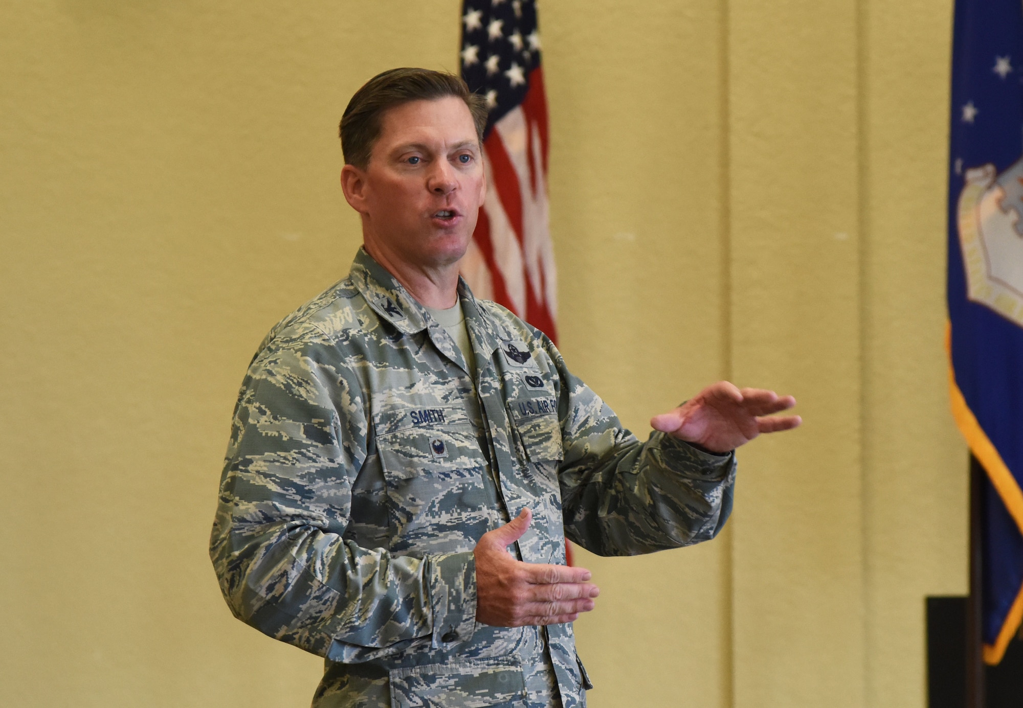 Col. C. Mike Smith, 81st Training Wing vice commander, delivers welcoming remarks during Diversity Day at the Bay Breeze Event Center Sept. 6, 2017, on Keesler Air Force Base, Miss. The cultural celebration included food sampling and information booths about countries around the world and other special emphasis groups. (U.S. Air Force photo by Kemberly Groue)