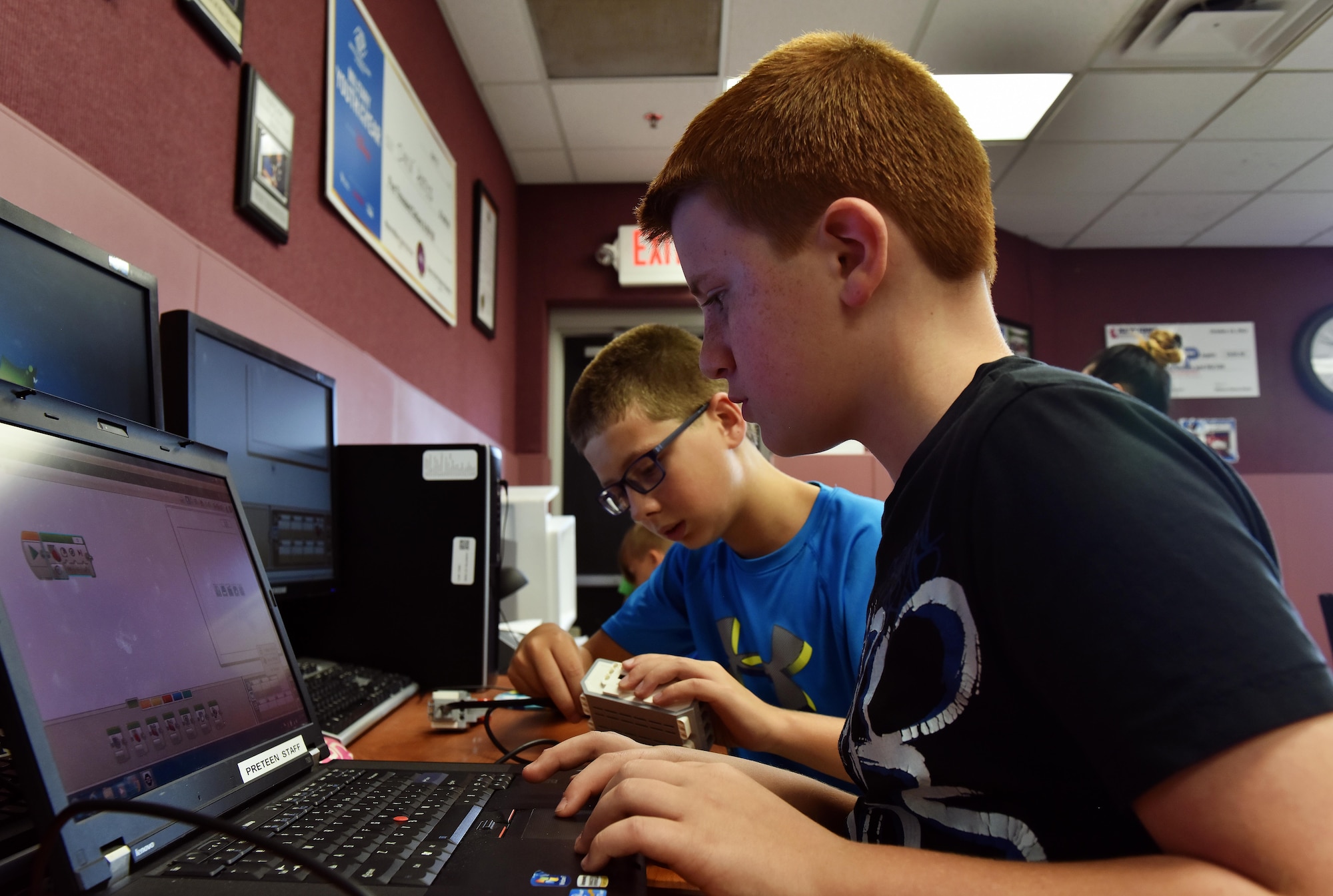 Members of Whiteman’s FIRST® LEGO® robotics team gathered for their second meeting at Whiteman Air Force Base, Mo., Aug. 31, 2017.