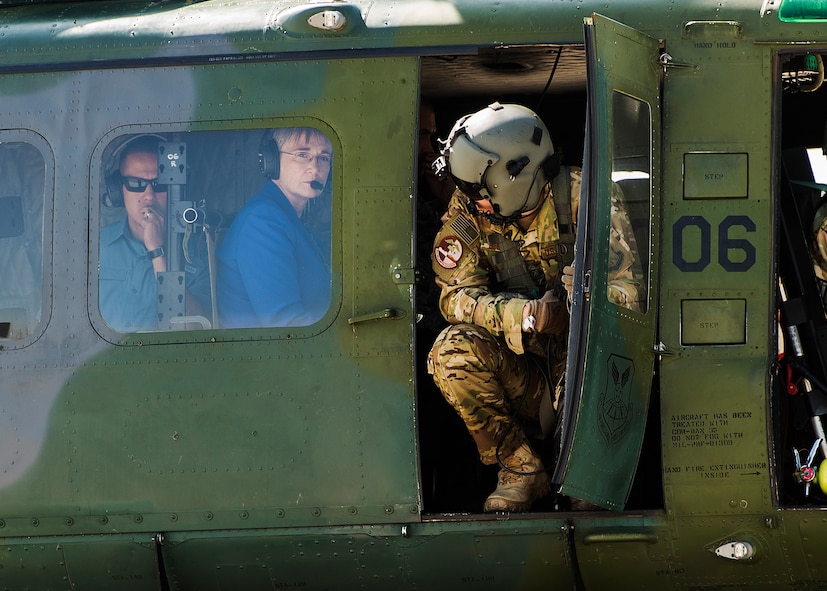Secretary of the Air Force Heather Wilson flies aboard a 54th Helicopter Squadron aircraft at Minot Air Force Base, N.D., Sept. 7, 2017. On her first trip to Minot AFB as SECAF, Wilson toured both 5th Bomb Wing and 91st Missile Wing facilities and assets. (U.S. Air Force photo/Senior Airman J.T. Armstrong)