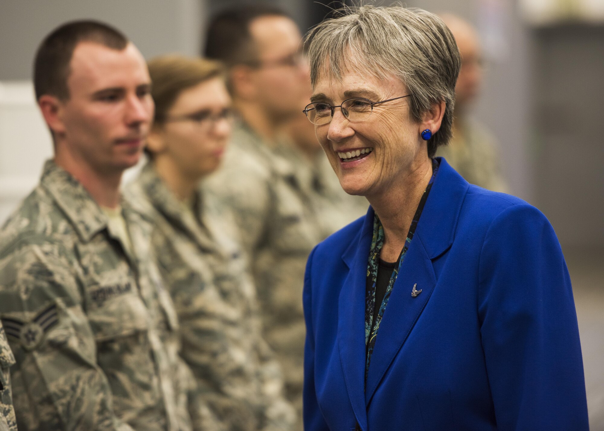 Secretary of the Air Force Heather Wilson speaks with 705th Munitions Squadron Airmen at Minot Air Force Base, N.D., Sept. 7, 2017. During her two-day visit, Wilson toured both 5th Bomb Wing and 91st Missile Wing units and spoke with Airmen emphasizing the importance of the nuclear deterrence mission. (U.S. Air Force photo/Senior Airman J.T. Armstrong)