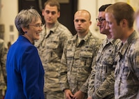 Secretary of the Air Force Heather Wilson speaks with 705th Munitions Squadron Airmen at Minot Air Force Base, N.D., Sept. 7, 2017. This was Wilson’s first visit to America’s only dual-wing, nuclear-capable military installation as SECAF.
(U.S. Air Force photo/Senior Airman J.T. Armstrong)