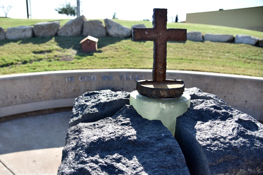 The new 9/11 artifact on display prior to the 9/11 Memorial Rededication near the San Angelo Museum of Fine Arts in San Angelo, Texas, Sept. 8, 2017. In June 2016, unknown vandals stole the original piece of metal from the monument. (U.S. Air Force photo by Staff Sgt. Joshua Edwards/Released)
