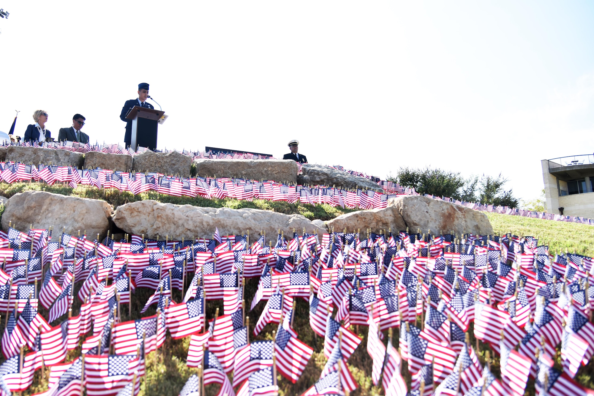U.S. Air Force Col. Ricky Mills, 17th Training Wing commander, speaks at the 9/11 Memorial Rededication near the San Angelo Museum of Fine Arts in San Angelo, Texas, Sept. 8, 2017. Mills talked about how even years after the events of 9/11, America is still healing from the attack. (U.S. Air Force photo by Staff Sgt. Joshua Edwards/Released)