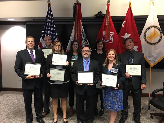 The Sacramento District has nine selections out of the U.S. Army Corps of Engineers' 34 planners chosen for the inaugural Water Resources Certified Planner program. Each were recognized during a ceremony in Washington D.C. on August 29, 2017. From left, Mark Cowan, Nick Applegate, Kim Carsell, Sara Schultz, Jerry Fuentes, Alicia Kirchner, Rhiannon Kucharski, and Miki Fujitsubo.