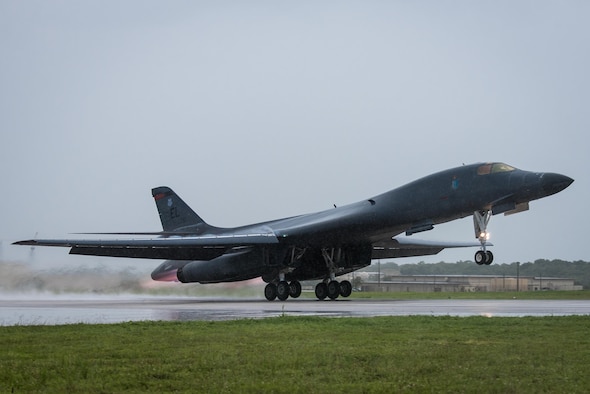 A U.S. Air Force B-1B Lancer assigned to 37th Expeditionary Bomb Squadron, deployed from Ellsworth Air Force Base, South Dakota, takes off from Andersen Air Force Base, Guam, to fly a bilateral mission with two Koku Jieitai (Japan Air Self-Defense Force) F-15s, Sept. 9, 2017. Participating in bilateral training enables the operational units to improve their combined capabilities and tactical skills, while also building bilateral confidence and strong working relationships. (U.S. Air  Force Photo by Senior Airman Jacob Skovo)