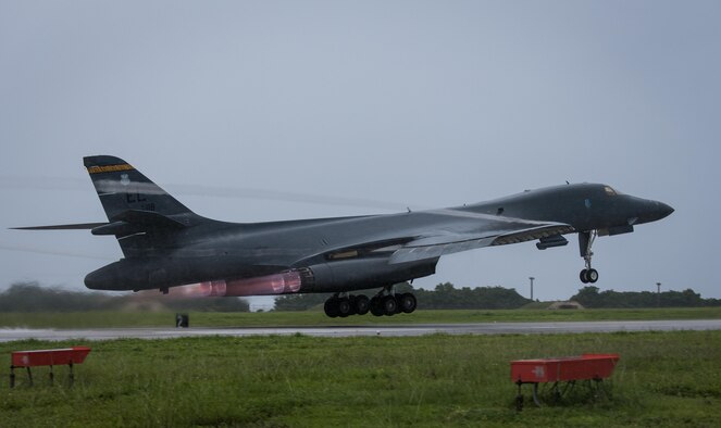A U.S. Air Force B-1B Lancer assigned to 37th Expeditionary Bomb Squadron, deployed from Ellsworth Air Force Base, South Dakota, takes off from Andersen Air Force Base, Guam, to fly a bilateral mission with two Koku Jieitai (Japan Air Self-Defense Force) F-15s, Sept. 9, 2017. Participating in bilateral training enables the operational units to improve their combined capabilities and tactical skills, while also building bilateral confidence and strong working relationships. (U.S. Air  Force Photo by Senior Airman Jacob Skovo)
