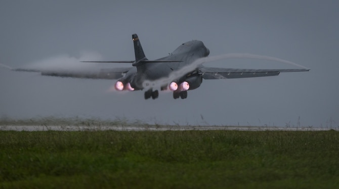 A U.S. Air Force B-1B Lancer assigned to 37th Expeditionary Bomb Squadron, deployed from Ellsworth Air Force Base, South Dakota, takes off from Andersen Air Force Base, Guam, to fly a bilateral mission with two Koku Jieitai (Japan Air Self-Defense Force) F-15s, Sept. 9, 2017. Participating in bilateral training enables the operational units to improve their combined capabilities and tactical skills, while also building bilateral confidence and strong working relationships. (U.S. Air  Force Photo by Senior Airman Jacob Skovo)