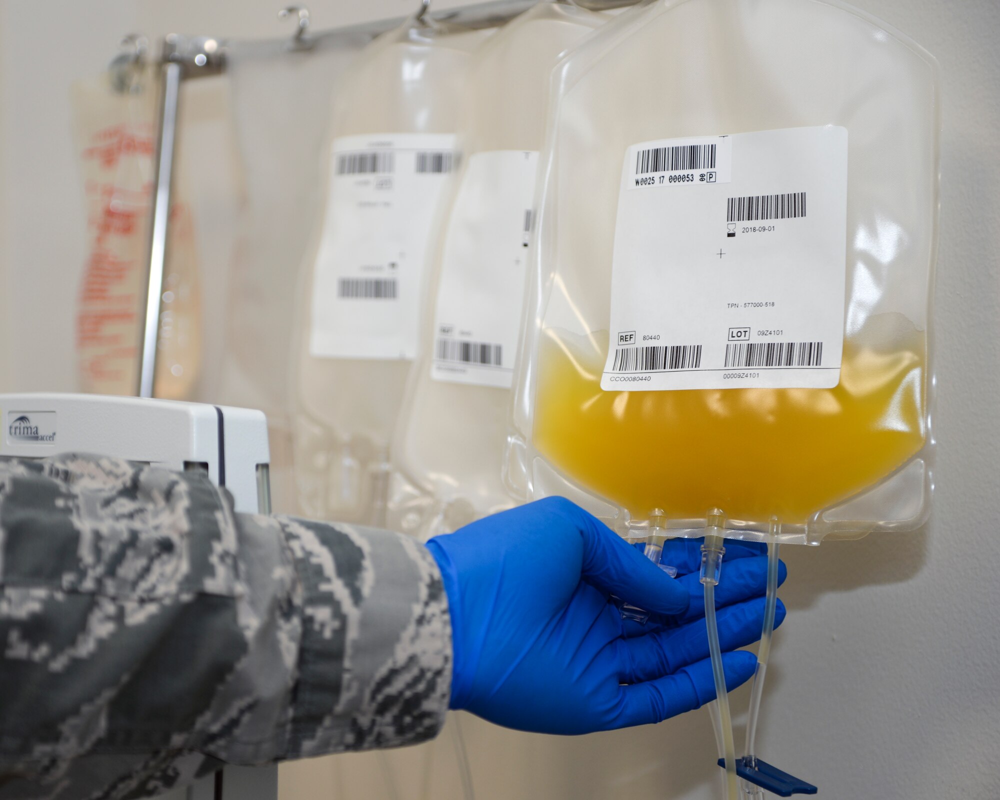 Platelets are separated out and collected during apheresis at Al Udeid, Air Base, Qatar, Aug. 23, 2017.