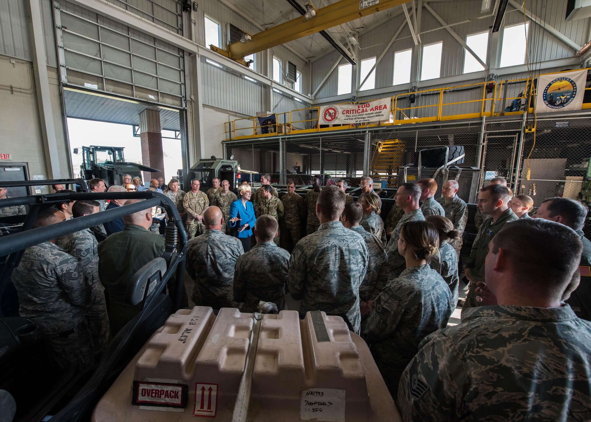 Heather Wilson, the Secretary of the Air Force, praised Airmen of the 123rd Airlift Wing for their support of hurricane relief operations during a visit to the Kentucky Air National Guard Base in Louisville, Ky., Sept. 8, 2017. The wing has deployed more than 80 Airmen for rescue and recovery missions in the wake of Hurricanes Harvey and Irma since Aug. 27