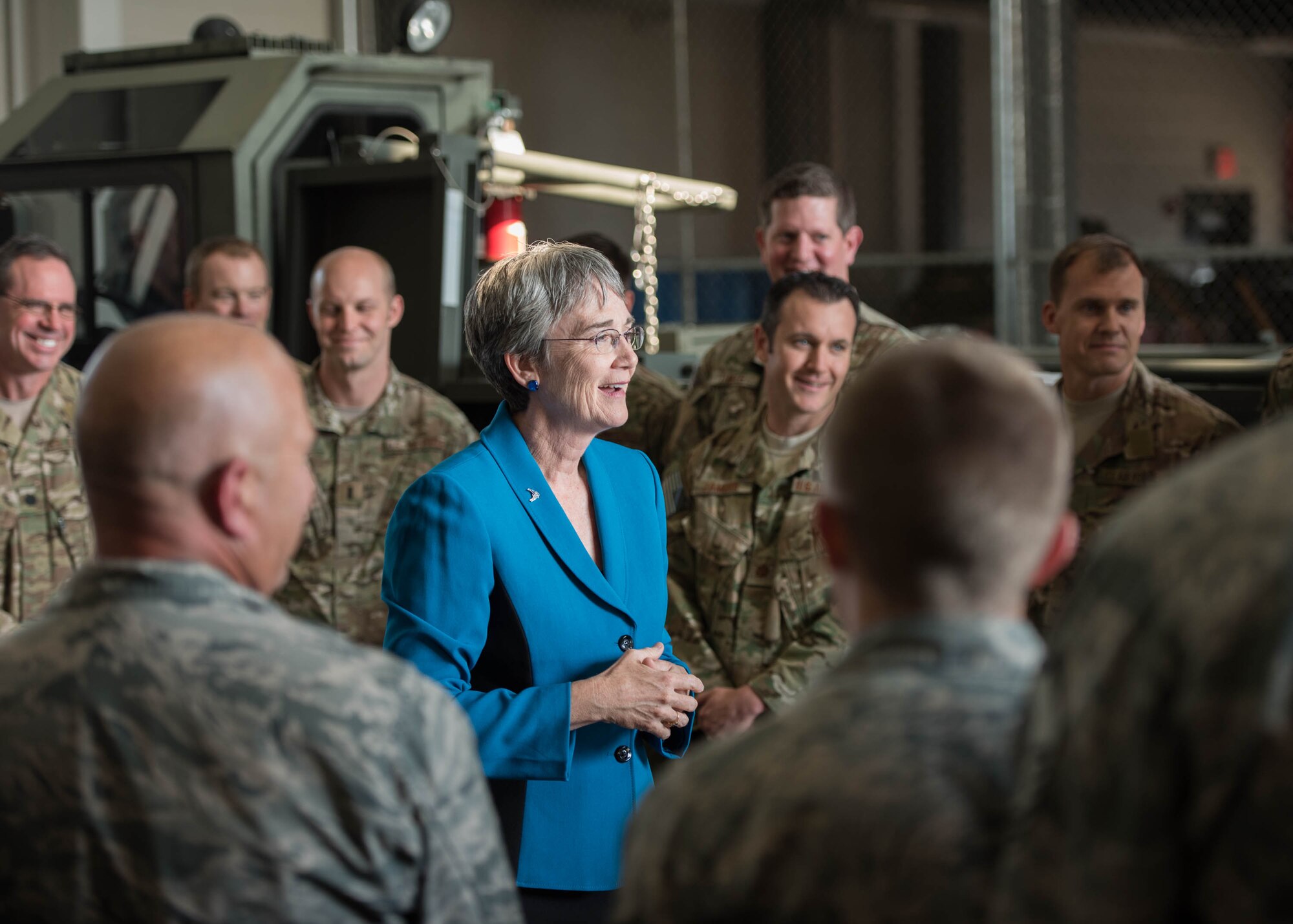 Heather Wilson, the Secretary of the Air Force, praised Airmen of the 123rd Airlift Wing for their support of hurricane relief operations during a visit to the Kentucky Air National Guard Base in Louisville, Ky., Sept. 8, 2017. The wing has deployed more than 80 Airmen for rescue and recovery missions in the wake of Hurricanes Harvey and Irma since Aug. 27