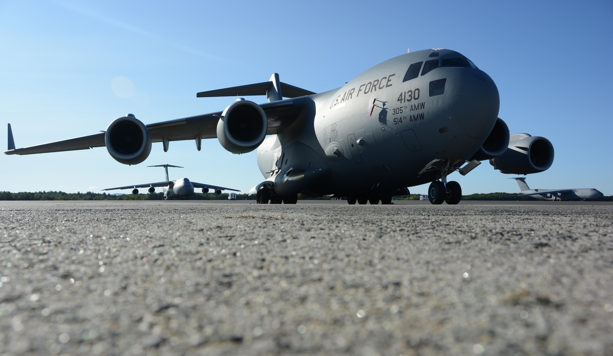 A C-17 Globemaster III sits on the flightline September 9, 2017, at Westover Air Reserve Base, Mass. Three C-17s from Joint Base McGuire-Dix-Lakehurst, New Jersey, Joint Base Lewis-McChord, Washington and March ARB, California, await the loading of Federal Emergency Management Agency supplies by Westover's Aerial Port Squadrons to support those impacted by Hurricane Irma. (U.S. Air Force photo by Airman Hanna N. Smith)