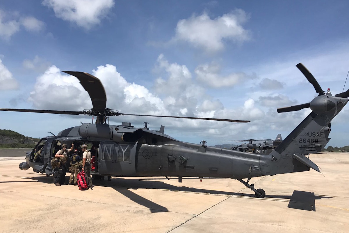 Airmen from the Kentucky Air National Guard’s 123rd Special Tactics Squadron and New York Air National Guard’s 106th Rescue Wing prepare to depart St. Croix, U.S. Virgin Islands, for St. Thomas, U.S. Virgin Islands, on Sept. 8, 2017, for rescue operations in the wake of Hurricane Irma.