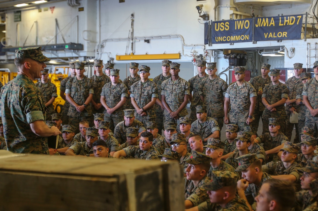 U.S. Marine Corps Lt. Col. Christopher B. Timothy, the executive officer of the 26th Marine Expeditionary Unit (MEU), briefs Marines and Sailors aboard the amphibious assault ship USS Iwo Jima (LHD 7) at Naval Station Norfolk, Va., Sept. 8, 2017.  Marines from the 26th MEU embarked aboard USS Iwo Jima (LHD 7) as part of prudent measures in anticipation of future tasking to support relief in the aftermath of Hurricane Irma. (U.S. Marine Corps photo by Cpl. Jon Sosner)
