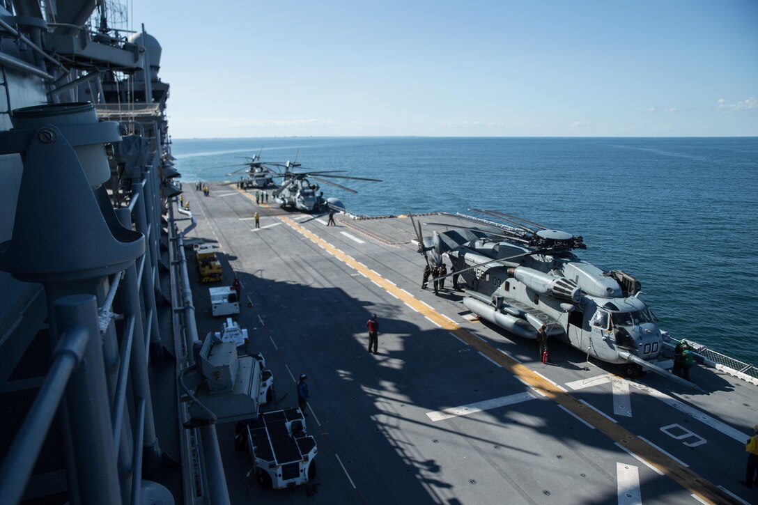 More than 300 Marines from the 26th Marine Expeditionary Unit and HMH-461 embarked aboard USS Iwo Jima as part of a coordinated response poised to provide Department of Defense support to the Federal Emergency Management Agency, state and local response efforts in the wake of Hurricane Irma.
