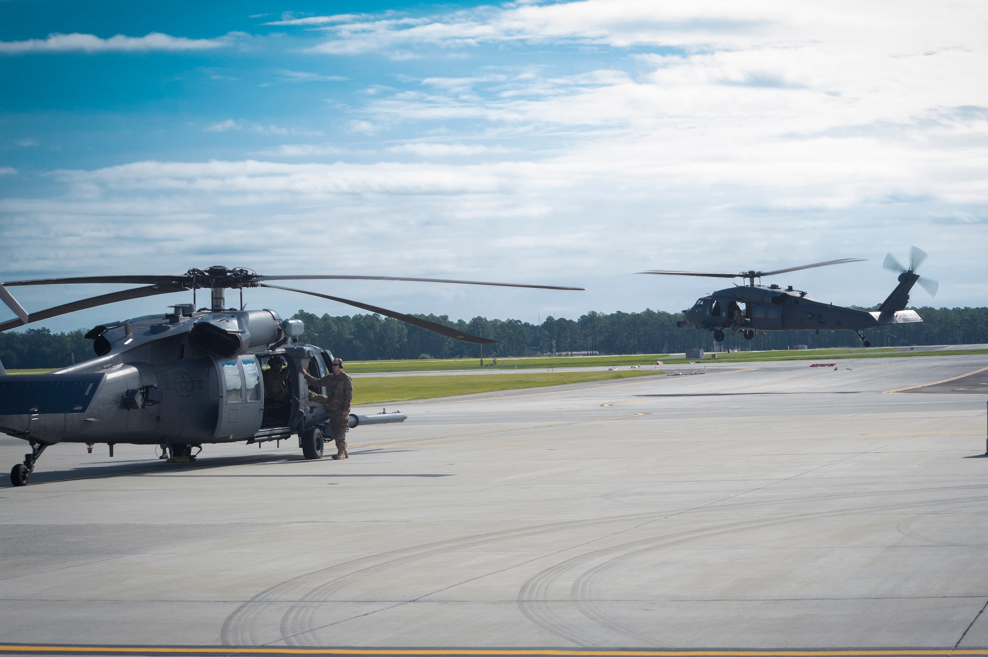 Moody HH-60G Pavehawks prepare to launch in support of Hurricane Irma, Sept. 9, 2017, at Moody Air Force Base, Ga. Team Moody aircraft and rescue assets travelled to Columbus Air Force Base, Miss., for shelter before re-engaging with other Moody assets to assist the Federal Emergency Management Agency and other first responder agencies during upcoming Hurricane Irma in the Southeast region. (U.S. Air Force photo by Senior Airman Greg Nash)