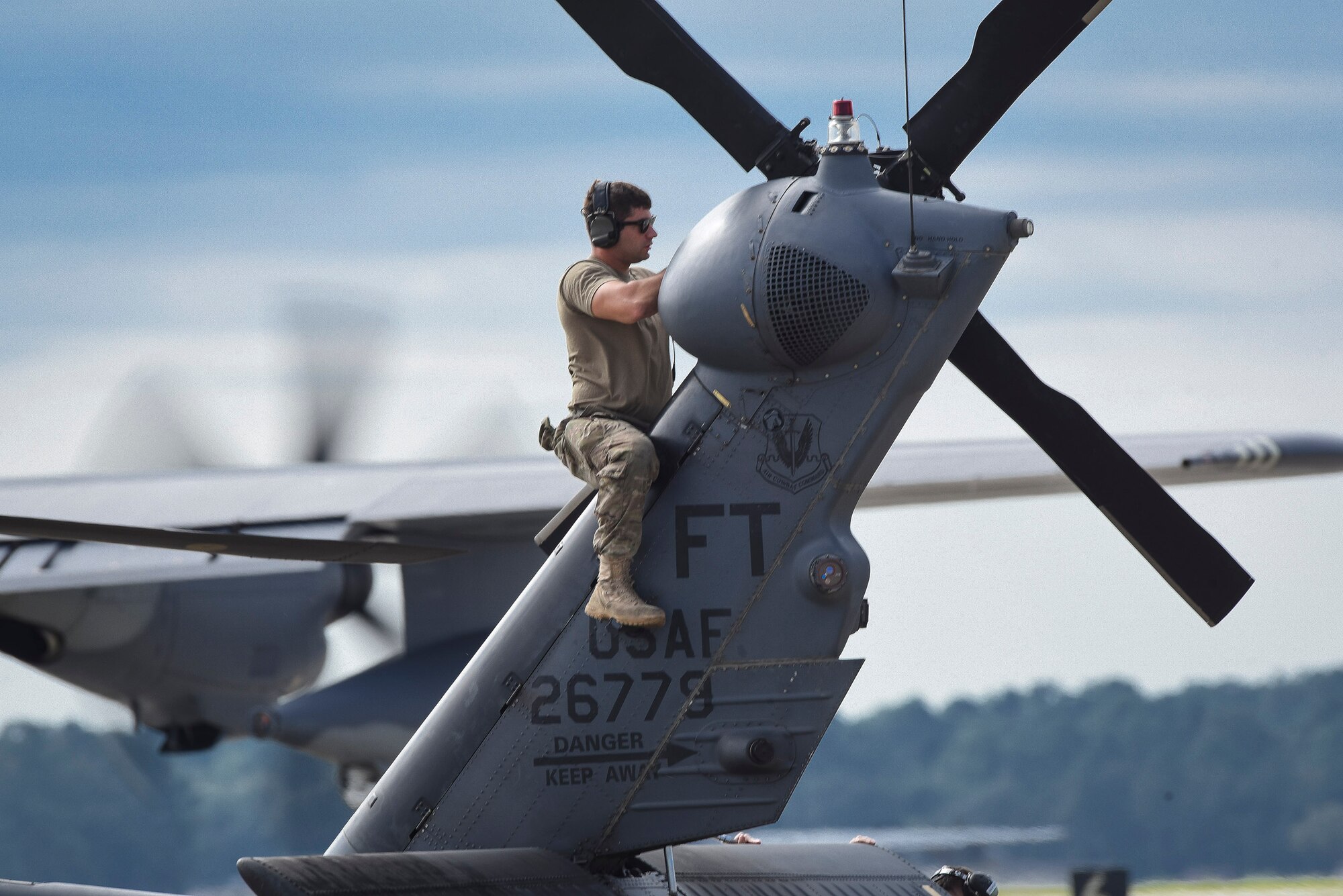 An Airman from the 41st Helicopter Maintenance Unit performs maintenance on an HH-60G Pavehawk tail rotor, Sept. 9, 2017, at Moody Air Force Base, Ga. Team Moody aircraft and rescue assets travelled to Columbus Air Force Base, Miss., for shelter before re-engaging with other Moody assets to assist the Federal Emergency Management Agency and other first responder agencies during upcoming Hurricane Irma in the Southeast region. (U.S. Air Force photo by Senior Airman Greg Nash)