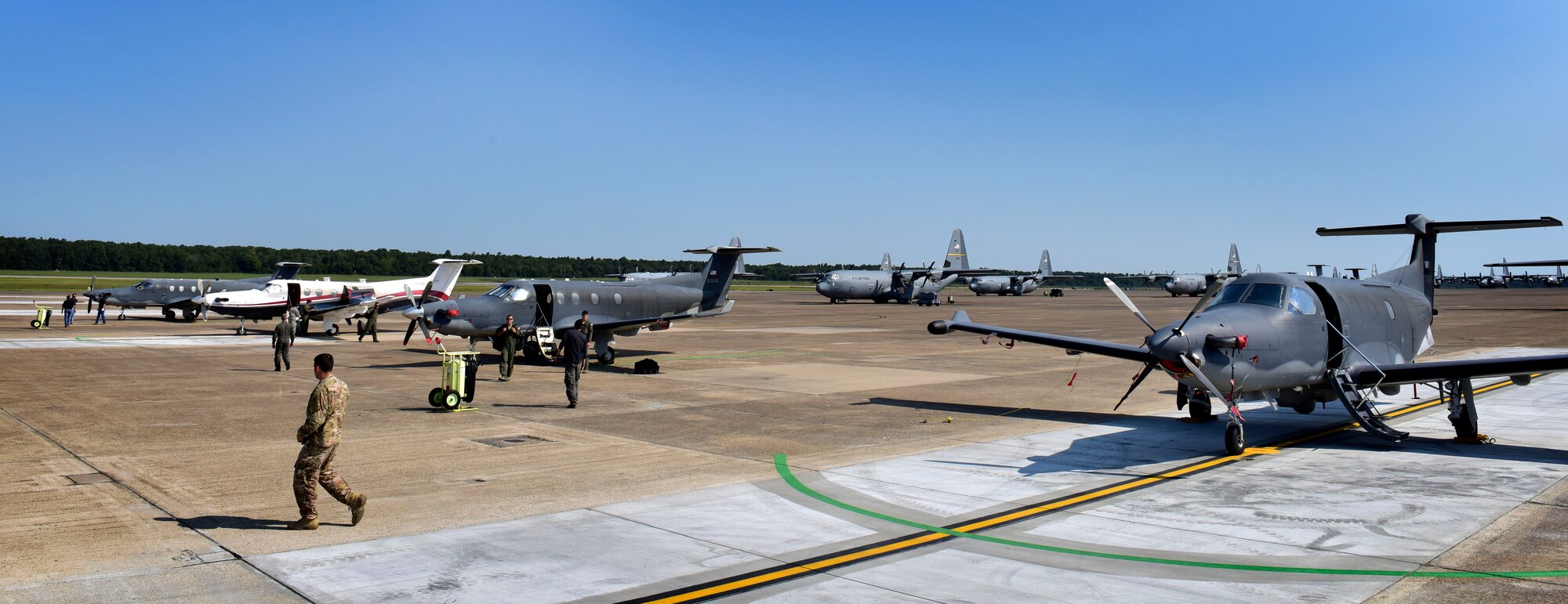 Members from Hurlburt Field, Fla., do final checks on their U-28A aircraft after landing Sept. 9, 2017, at Little Rock Air Force Base, Ark.