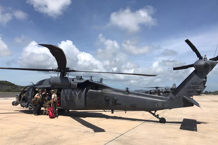 Kentucky Air and New York Air National Guard depart St. Croix for St. Thomas for rescue operations in the wake of Hurricane Irma.