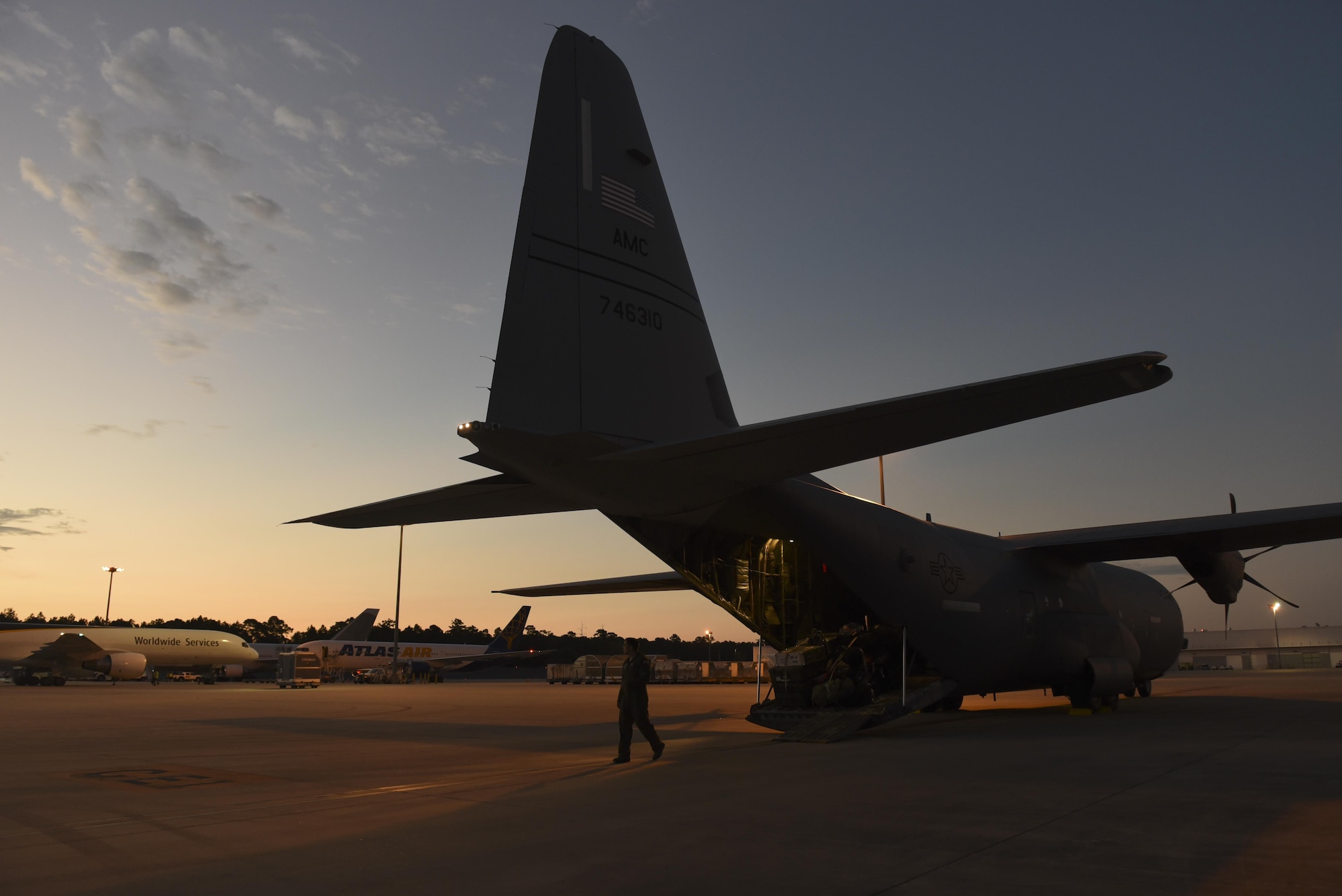 Staff Sgt. Efrain Huereque, 41st Airlift Squadron loadmaster, prepares a C-130J for flight Sept. 9, 2017, at the George Bush Intercontinental Airport, Texas. The 41st AS, stationed at Little Rock Air Force Base, Ark., delivered U.S. Public Health Rapid Deployment Forces and state-based Disaster Medical Assistance Teams to Orlando, Fla., to prepare for medical response after Hurricane Irma passes through Florida. (U.S. Air Force photo by Senior Airman Mercedes Taylor)