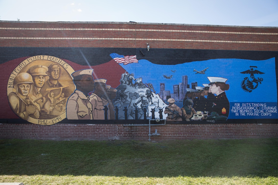 The Montford Point Detachment 158 mural is displayed for the public during Marine Week Detroit, Sept. 9, 2017. Marine Week Detroit is an opportunity to connect with the people of the greater Detroit area, and thank them for their support. (U.S. Marine Corps photo by Lance Cpl. Danny Gonzalez)