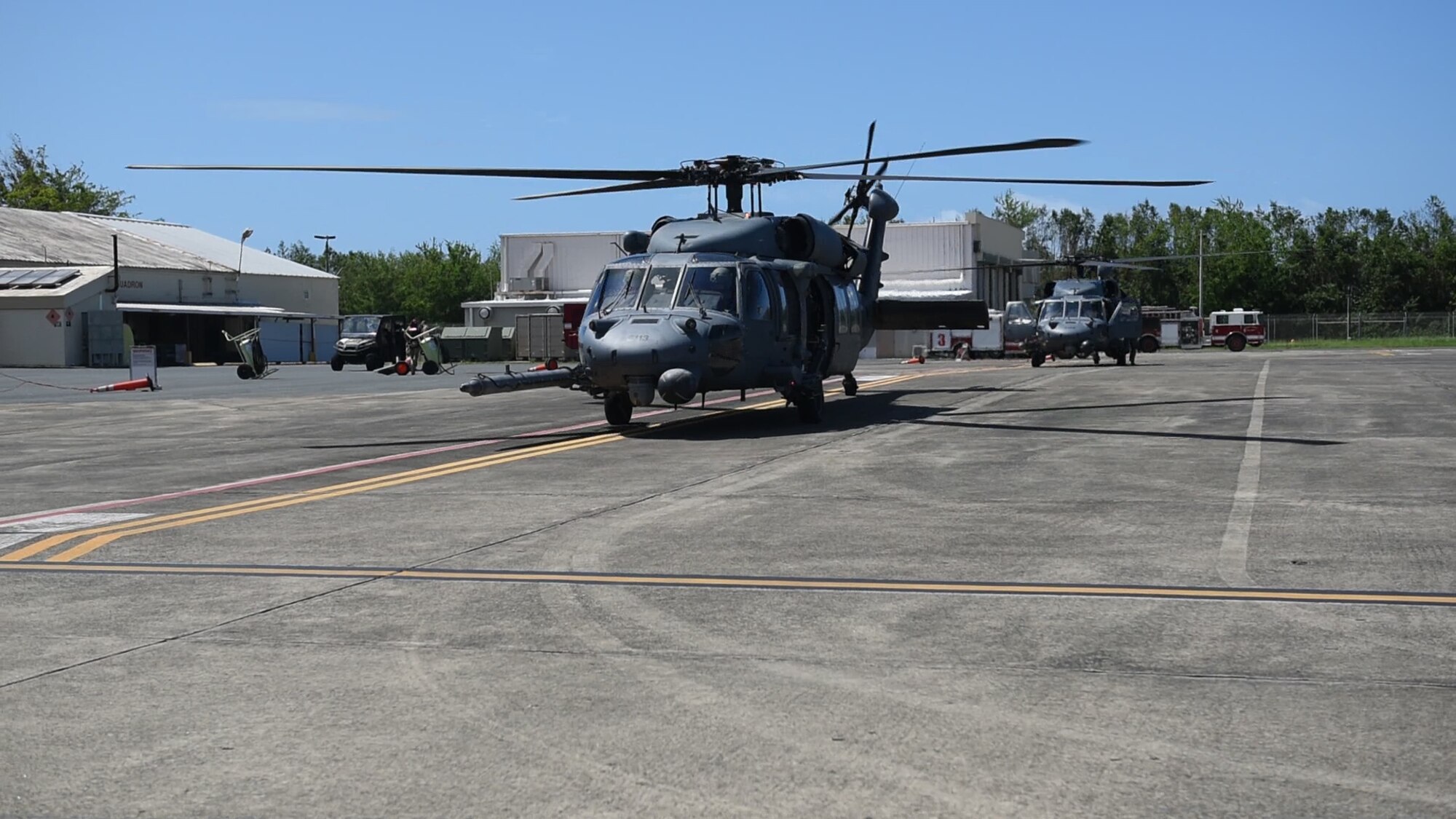 Two New York Air National Guard UH-60 Black Hawk helicopters prepare to deploy on the noncombatant evacuation operation to St. Maarten from the staging area of Muñiz Air National Guard Base in Carolina, Puerto Rico, Sept. 9.