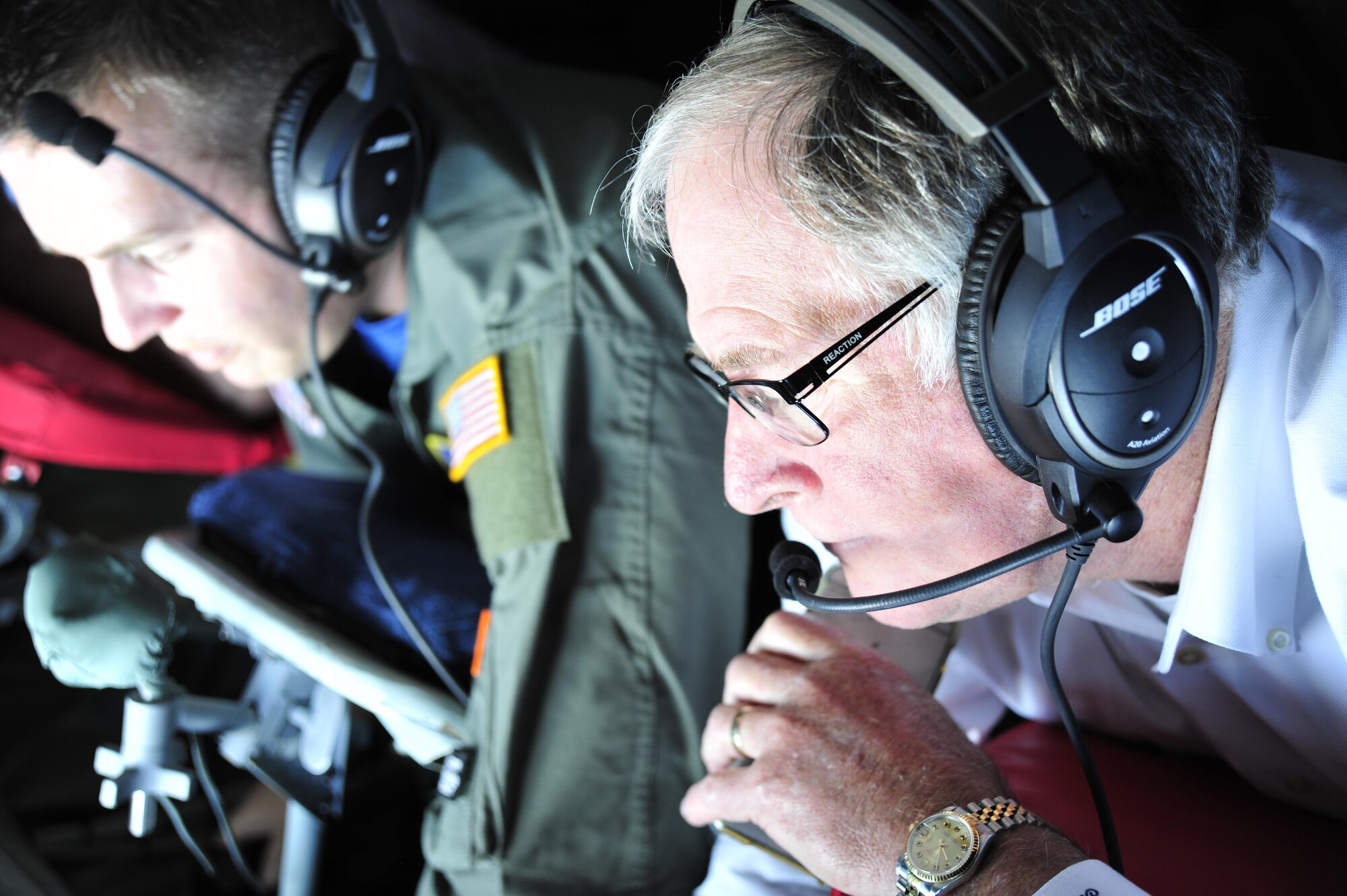 Civilian employers of Reservists and Guardsmen based at Andrews flew in a KC-135R Stratotanker refueling aircraft here Sept. 9 during an Employer Support of the Guard and Reserve-sponsored flight. The flight was an ESGR effort to thank supportive employers of 459th Air Refueling Wing Reservists and 113th Wing D.C. Air National Guardsmen. Employers were flown from Joint Base Andrews to the coast of New Jersey to see an aerial refueling with F-16 Fighting Falcons. (U.S. Air Force photo/Tech. Sgt. Brent Skeen)
