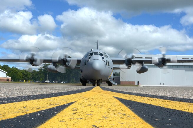 A C-130 Hercules prepares to take off from Bradley Air National Guard Base in East Granby, Conn., September 9, 2017, for a mission to deliver ready-to-eat meals to people in Puerto Rico affected by Hurricane Irma. Air Force photo by Airman 1st Class Sadie Hewes