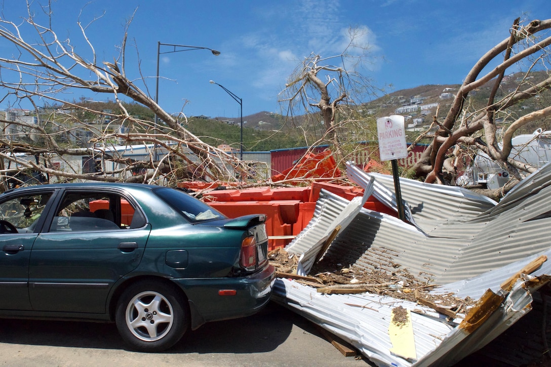 A car sits parked in front of a large battered sheet of metal and adjacent to felled tree limbs.