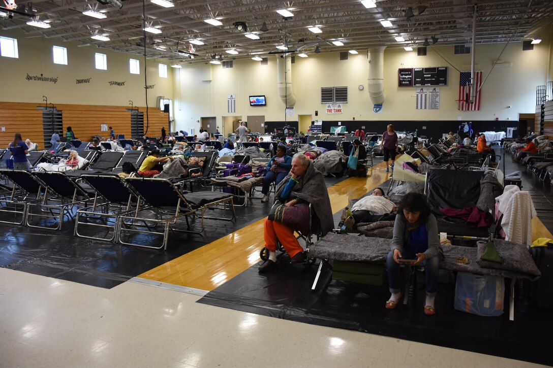 People mill about, sit and lie on cots set up in rows in a large room.