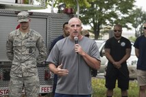 Col. Kenneth Moss, 374th Airlift Wing commander, gives the opening remarks during the Sept. 11 Tower Run at Yokota Air Base, Japan, Sept. 8, 2017.