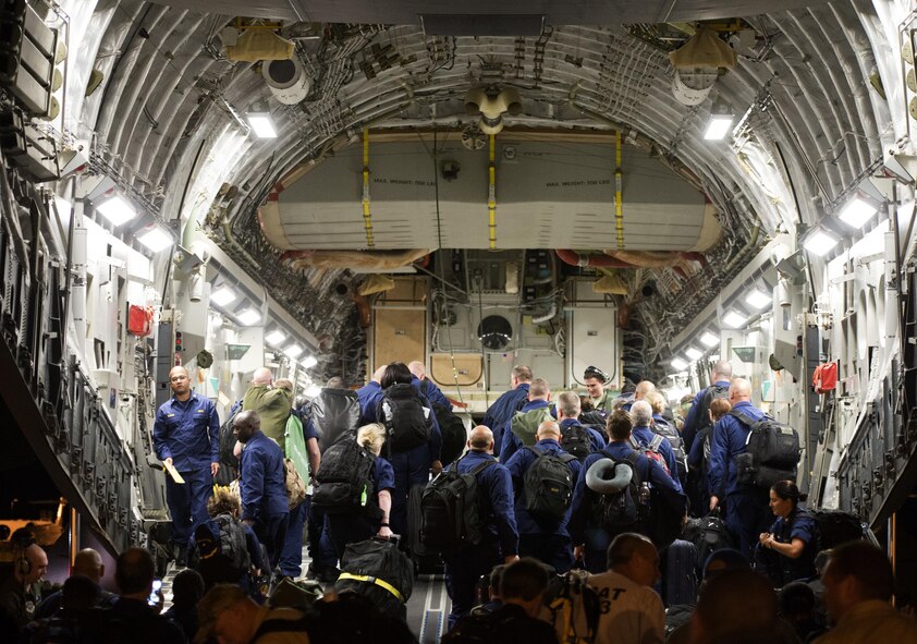 Air Mobility Command C-17s and crews from Joint Base Charleston, S.C., prepare to depart from Washington Dulles International Airport, Washington, D.C., Sept. 9, 2017, to support a tasking from the U.S. Department of Health and Human Services to transport approximately 300 healthcare professionals to Orlando International Airport, Fla., in preparation for Hurricane Irma disaster response operations. (U.S. Air Force photo by Senior Airman Rusty Frank)