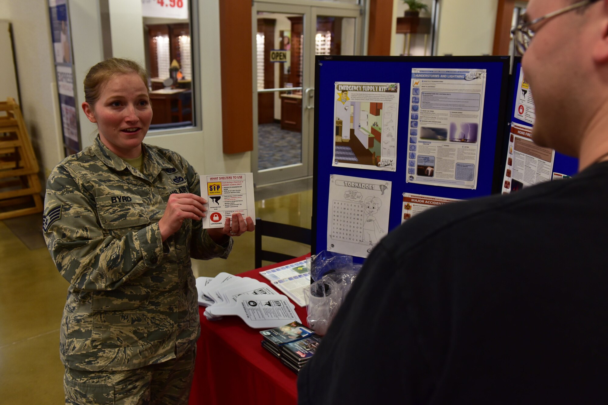 Staff Sgt. Dayna Byrd, 19th Civil Engineer Squadron non-commissioned officer in charge of emergency management plans and operations, shows the proper shelters for different natural disasters Sept. 8, 2017, at Little Rock Air Force Base, Ark. September is National Preparedness Month, with this year’s emphasis on different ways to prepare for emergency situations. (U.S. Air Force photo by Airman Rhett Isbell)