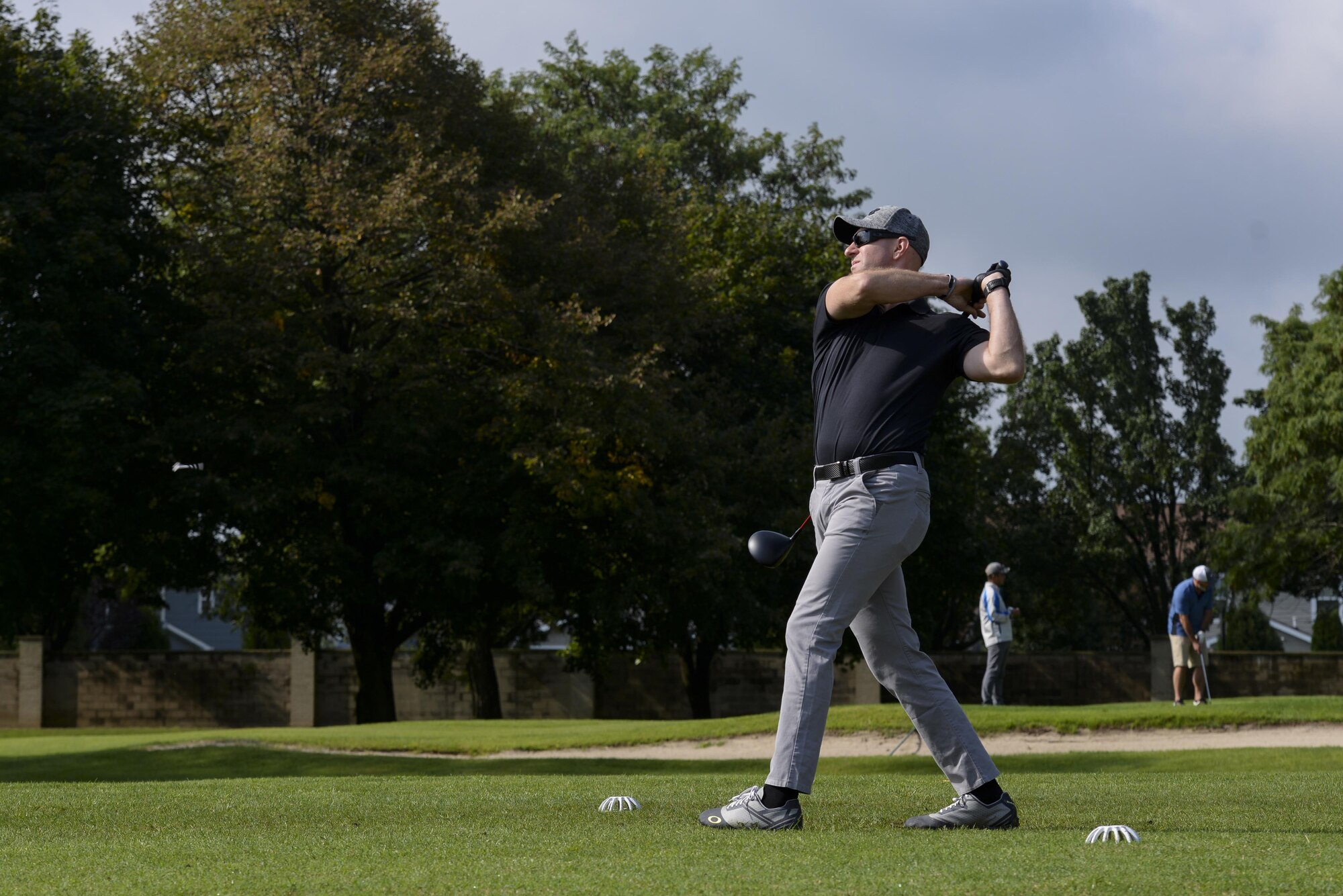 Lt. Col. Ed Szczepanik, 436th Airlift Wing chief of safety drives a golf ball Sept. 7, 2017, during the Bluesuiters’ Golf Tournament at Eagle Creek Golf Course on Dover Air Force Base, Del. The biannual tournament offered Team Dover Airmen a chance to win various prizes and connect with local civic and business leaders. (U.S. Air Force photo by Staff Sgt. Aaron J. Jenne)