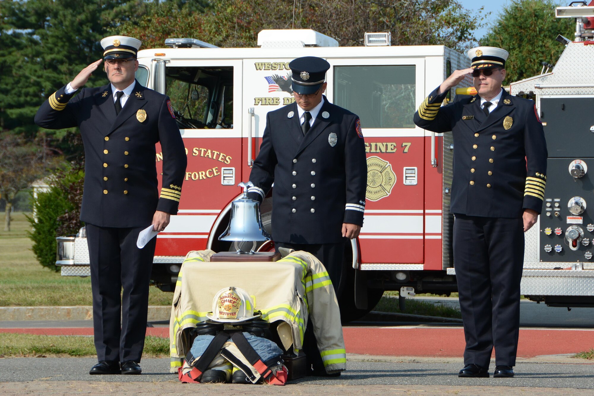 Firemen and Airmen of Westover Air Reserve Base, Mass. remember lives lost on September 11, 2001, in a ceremony September 11, 2017, on the ellipse. 16 years ago today, four passenger airliners were hijacked by Al-Qaeda terrorists. Two of these aircraft, American Airlines Flight 11, and United Airlines Flight 175, were crashed into the North and South towers, respectively, of the World Trade Center complex in New York City. A third aircraft, American Airlines Flight 77, was crashed into the Pentagon in Arlington County, Virginia. And a fourth plane, United Airlines Flight 93, which was initially steered toward Washington D.C., but crashed into a field in Stonycreek Township, Pennsylvania after passengers tried to overcome the hijackers. (U.S. Air Force photo by Airman Hanna N. Smith)