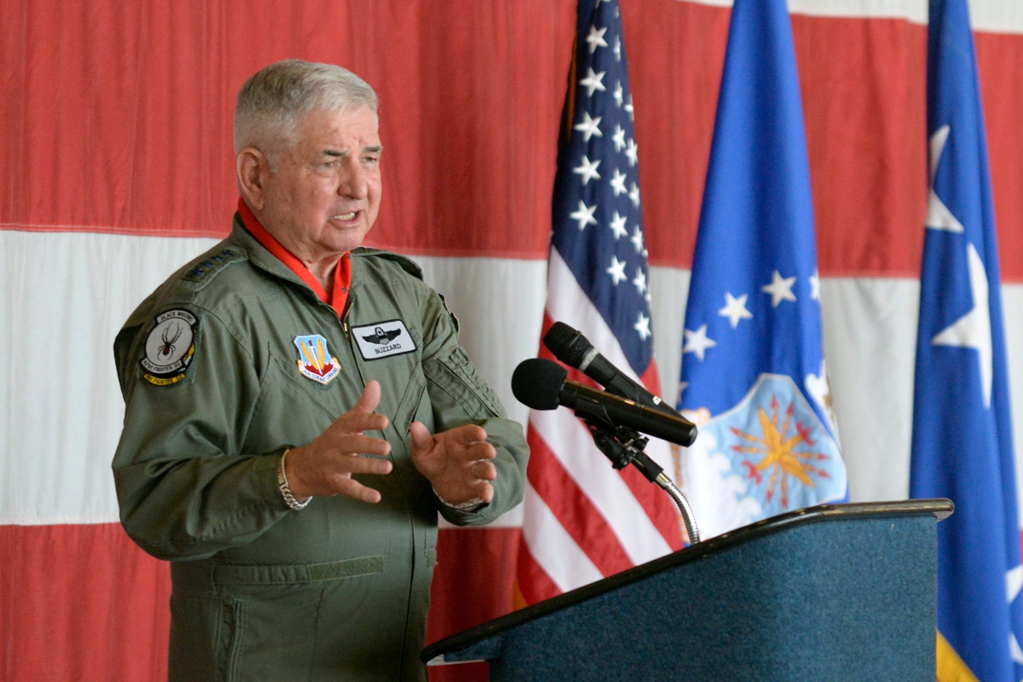 Retired Air Force Chief of Staff Gen. Ronald R. Fogleman addresses guests at the Viper Out ceremony, a farewell to the F-16, Sept. 8, 2017, at Hill Air Force Base, Utah.