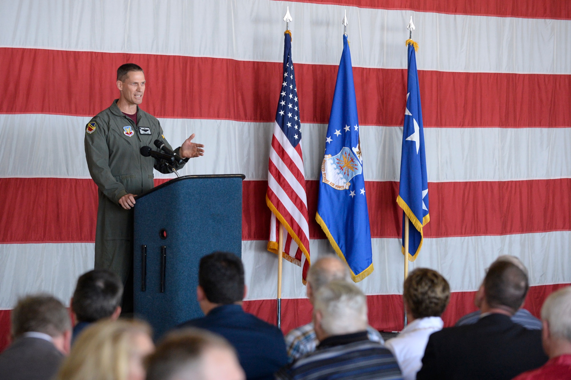 Col. Lee E. Kloos, 388th Fighter Wing commander, addresses guests at the Viper Out ceremony, a farewell to the F-16, Sept. 8, 2017, at Hill Air Force Base, Utah.