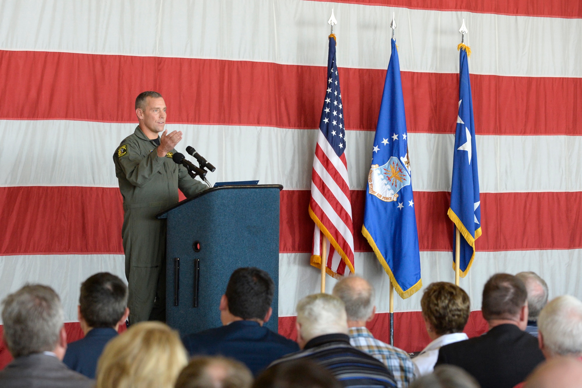 Col. David W. Smith, 419th Fighter Wing commander, addresses guests at the Viper Out ceremony, a farewell to the F-16, Sept. 8, 2017, at Hill Air Force Base, Utah.  Smith spoke about the F-16’s enduring legacy. (U.S. Air Force photo by Todd Cromar)