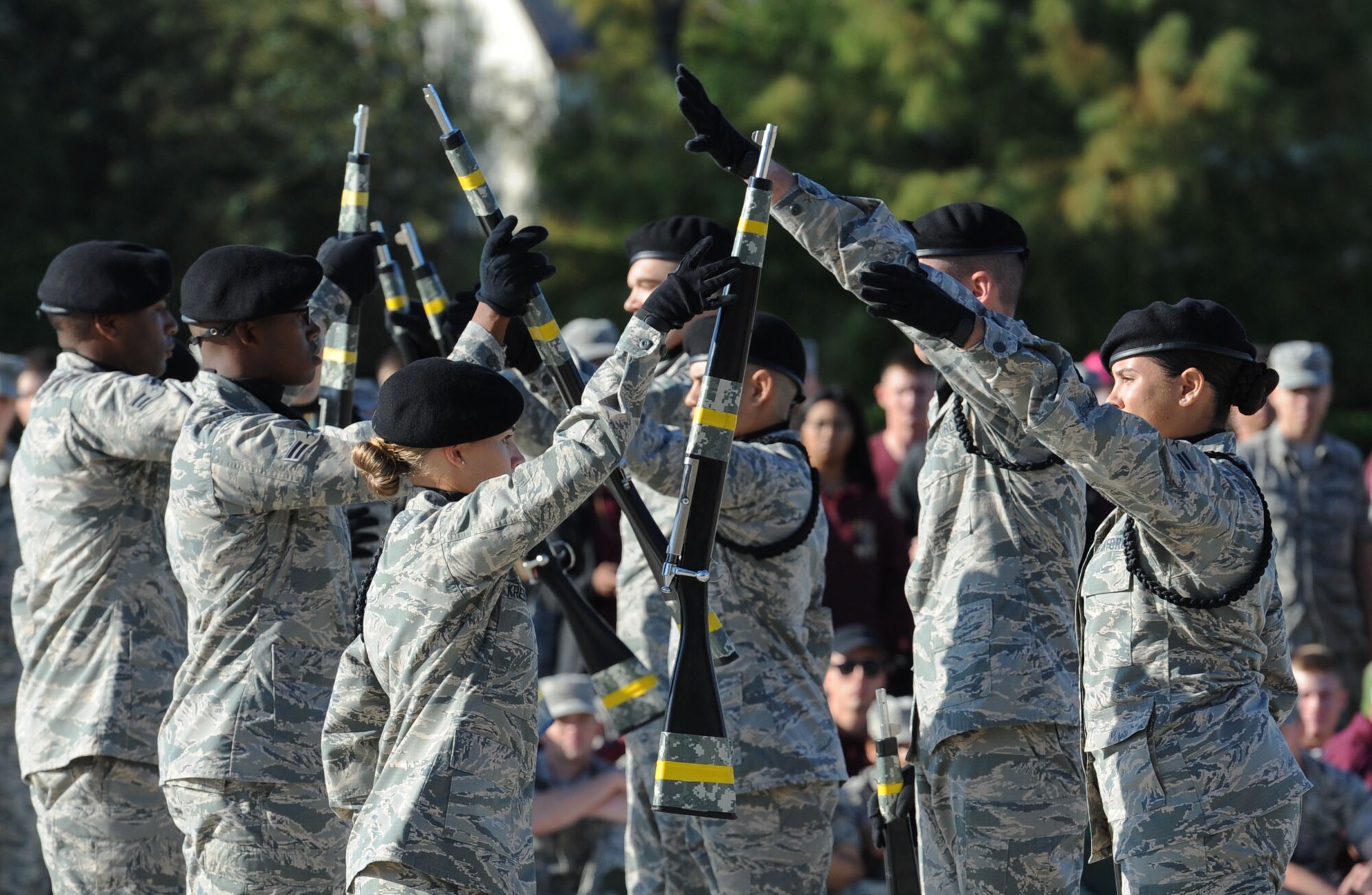 Members of the 334th Training Squadron freestyle drill team perform during the 81st Training Group drill down on the Levitow Training Support Facility drill pad Sept. 8, 2017, on Keesler Air Force Base, Mississippi. Airmen from the 81st TRG competed in a quarterly open ranks inspection, regulation drill routine and freestyle drill routine. The 334th TRS “Gators” took first place this quarter. (U.S. Air Force photo by Kemberly Groue)