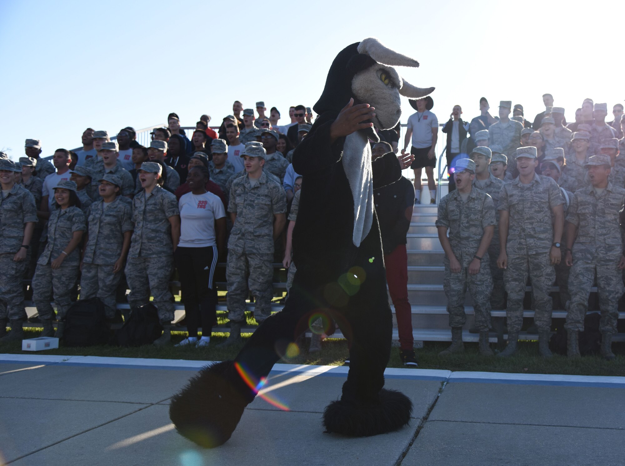 The 335th Training Squadron mascot dances during the 81st Training Group drill down on the Levitow Training Support Facility drill pad Sept. 8, 2017, on Keesler Air Force Base, Mississippi. Airmen from the 81st TRG competed in a quarterly open ranks inspection, regulation drill routine and freestyle drill routine. The 334th TRS “Gators” took first place this quarter. (U.S. Air Force photo by Kemberly Groue)